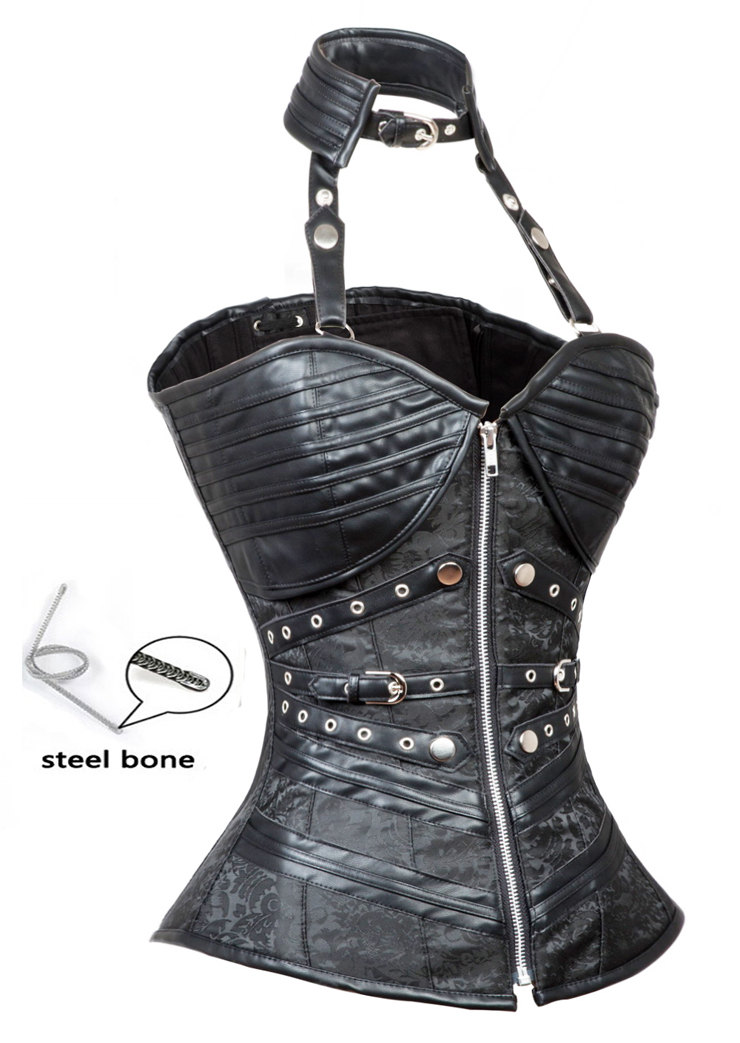Steampunk Black Steel Boned Halter Jacquard Zipper Outerwear Corset N10588