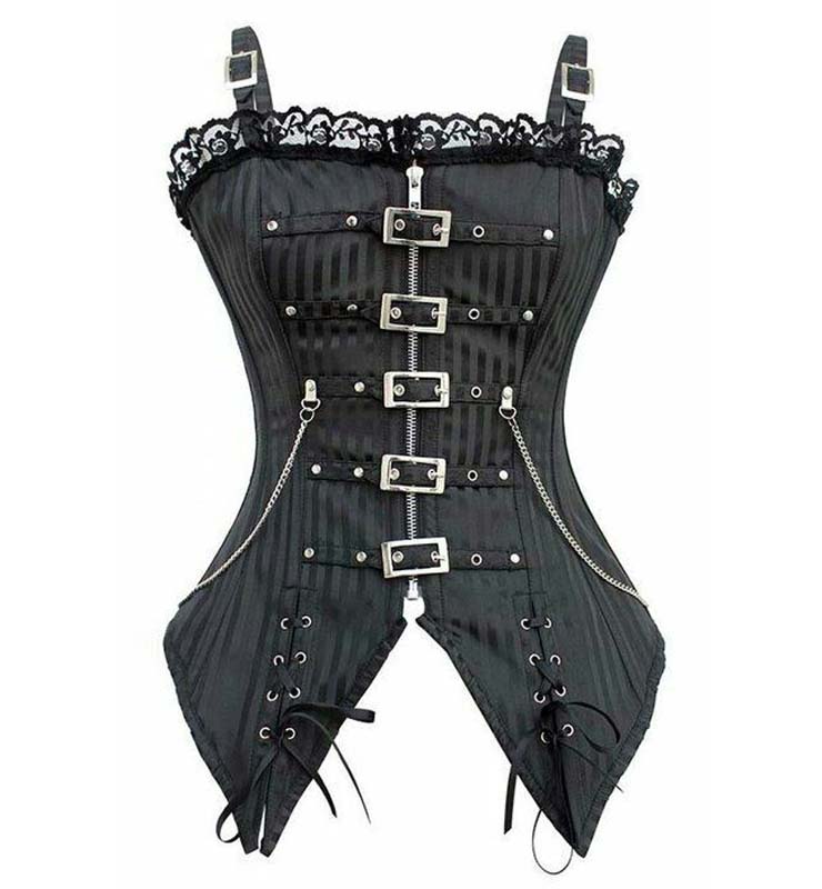 Steampunk Black Straps Satin Stripe Lace Trim Zipper Overbust Corset N10560