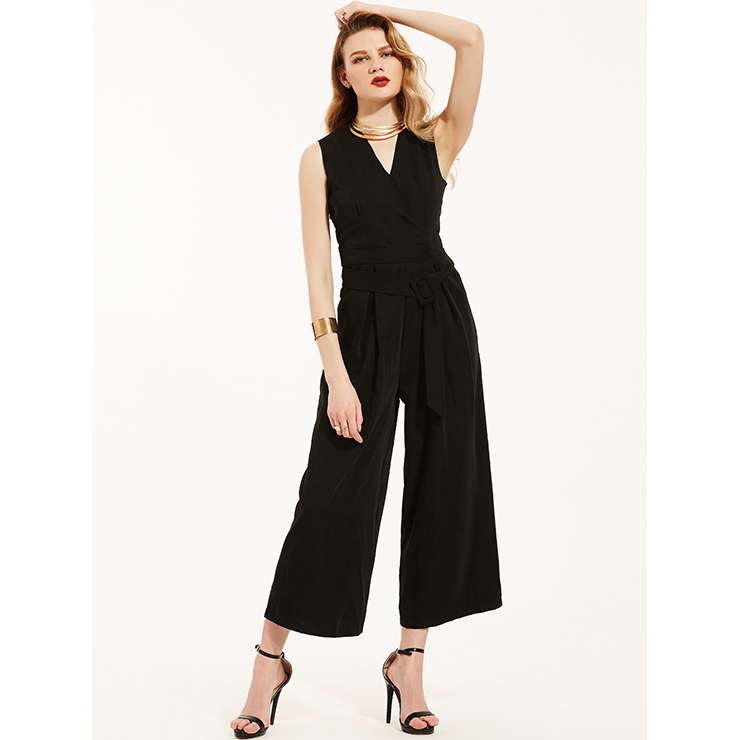 Cromoncent Womens Casual Sleeveless Deep V-Neck Wide Leg Rompers Jumpsuit 