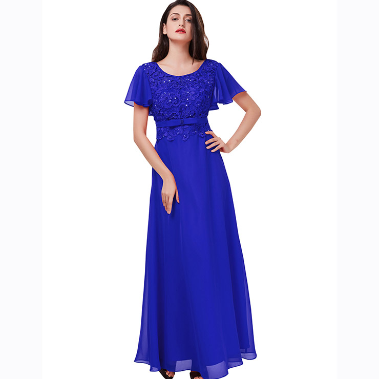 Women's Blue Short Sleeve Round Neck Appliques Sequins Evening Dress N15825