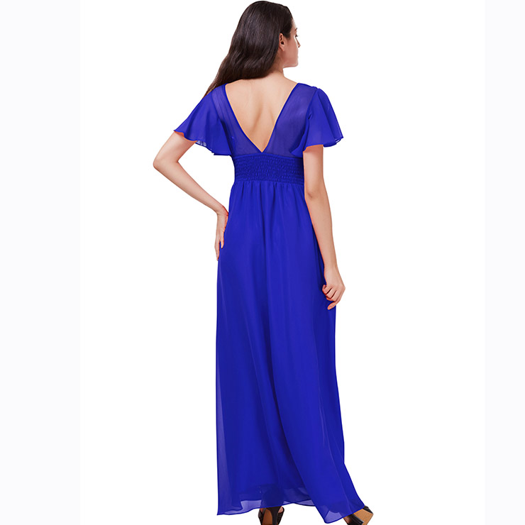 Women's Blue Short Sleeve Round Neck Appliques Sequins Evening Dress N15825