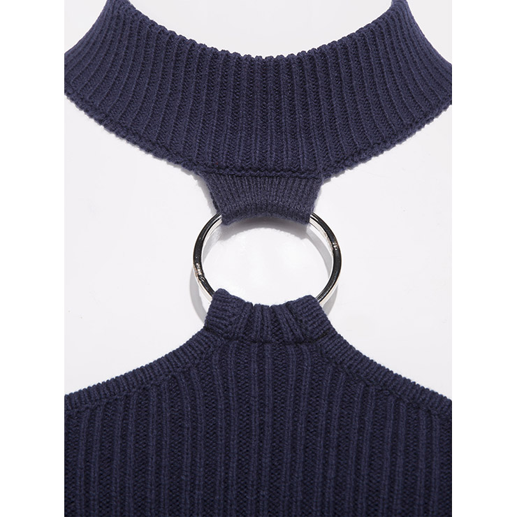 Women's Blue Stand Collar Cold Shoulder Oring Connected Pullover Plus