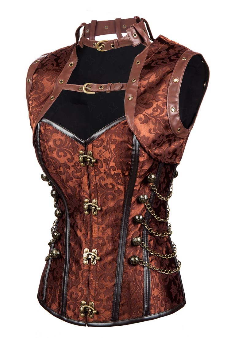 Steampunk Sexy Brown Jacquard Steel Boned High Neck Corset with Jacket