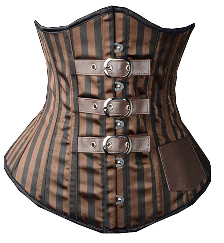 Brown Satin Stripe Busk Closure Steel Bone Steampunk Underbust Corsets N9497 