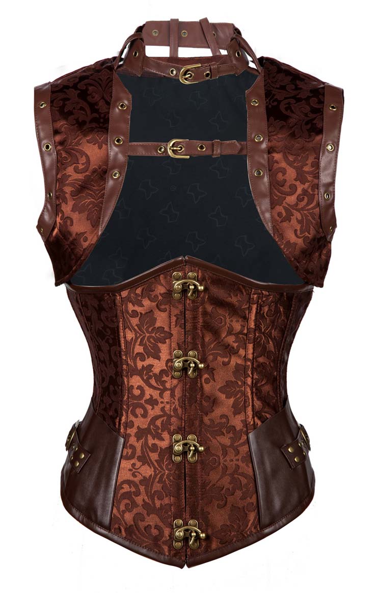 Vintage Brown Steel Boned Jacquard Busk Closure Underbust Corset with
