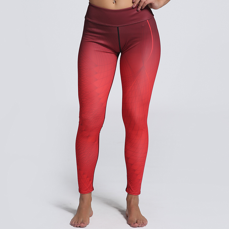 Classical Gradient Color Yoga Pants, High Waist Tight Yoga Pants, Red Gradient Color Long Pants, Casual Stretchy Sport Leggings, Women