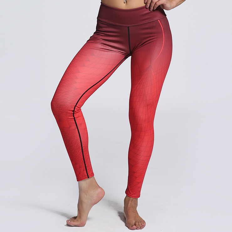 Classical Gradient Color Yoga Pants, High Waist Tight Yoga Pants, Red Gradient Color Long Pants, Casual Stretchy Sport Leggings, Women