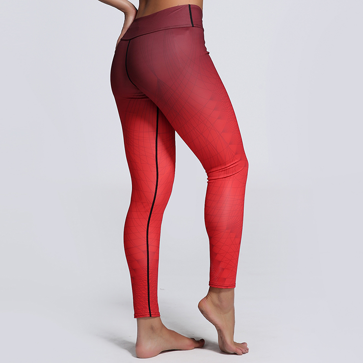 Classical Gradient Color Yoga Pants, High Waist Tight Yoga Pants, Red Gradient Color Long Pants, Casual Stretchy Sport Leggings, Women