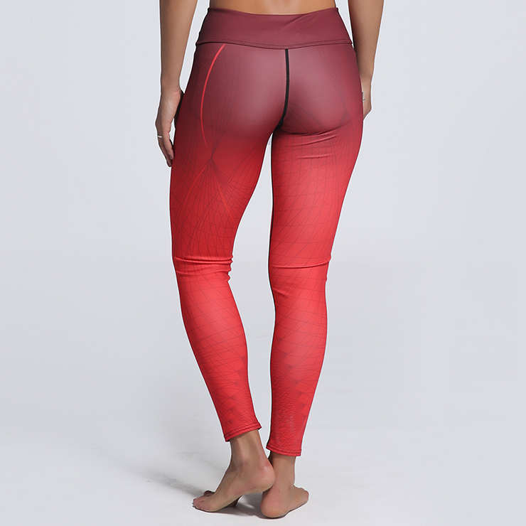 Classical Gradient Color Yoga Pants, High Waist Tight Yoga Pants, Red Gradient Color Long Pants, Casual Stretchy Sport Leggings, Women