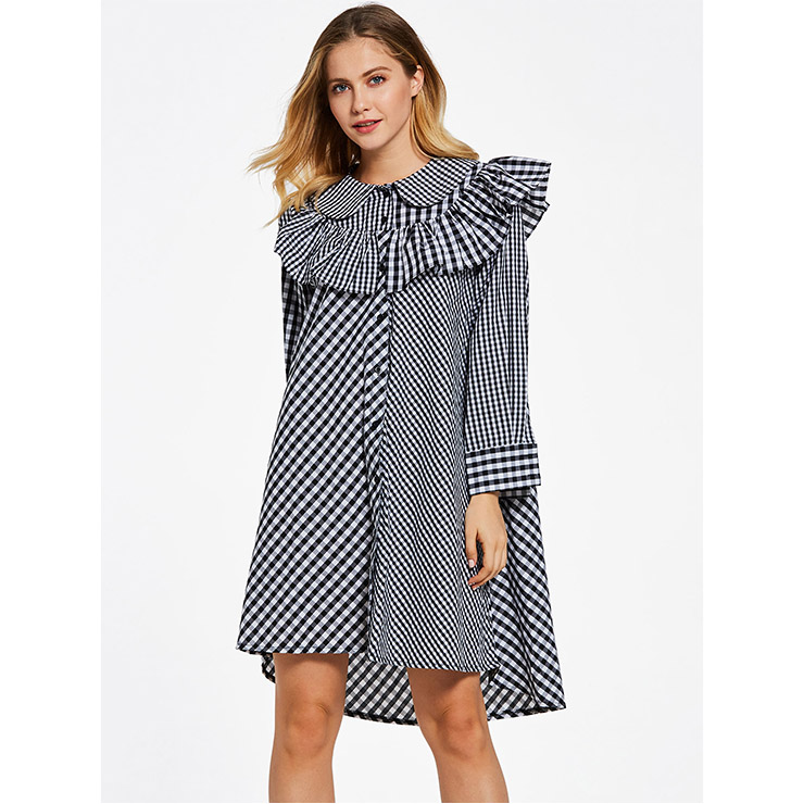 Women's Casual Long Sleeve Color Block Plaid Falbala Patchwork Dress N15308