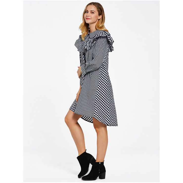 Long Sleeve Dress, Color Block Plaid Dress, Falbala Ruffled Dress, Patchwork Dress, A-Line Dresses for Women, Round Collar Dress, Asymmetric Dress, Casual Dress for Women, #N15308