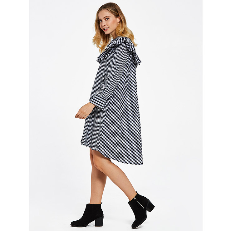 Long Sleeve Dress, Color Block Plaid Dress, Falbala Ruffled Dress, Patchwork Dress, A-Line Dresses for Women, Round Collar Dress, Asymmetric Dress, Casual Dress for Women, #N15308