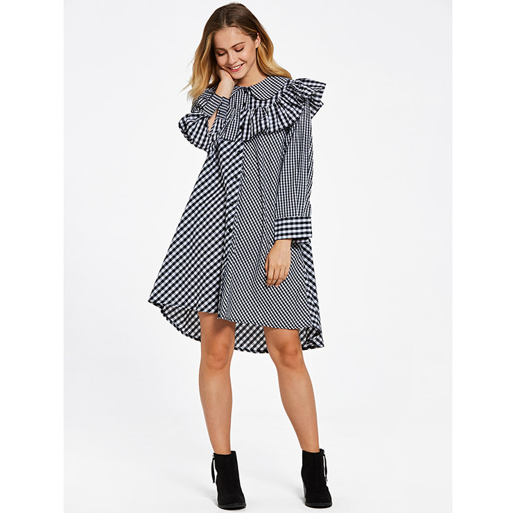 Long Sleeve Dress, Color Block Plaid Dress, Falbala Ruffled Dress, Patchwork Dress, A-Line Dresses for Women, Round Collar Dress, Asymmetric Dress, Casual Dress for Women, #N15308
