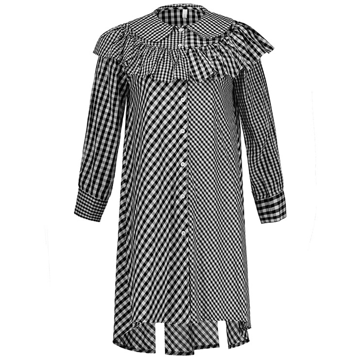 Long Sleeve Dress, Color Block Plaid Dress, Falbala Ruffled Dress, Patchwork Dress, A-Line Dresses for Women, Round Collar Dress, Asymmetric Dress, Casual Dress for Women, #N15308