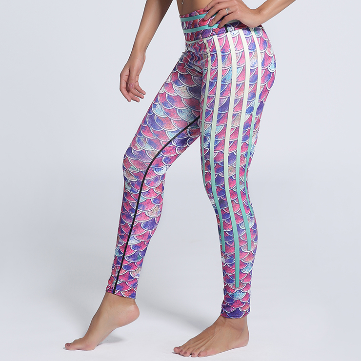 Classical Fish Scale Print Yoga Pants, High Waist Tight Yoga Pants, Fashion Colorful Fish Scale Print Fitness Pants, Casual Stretchy Sport Leggings, Women