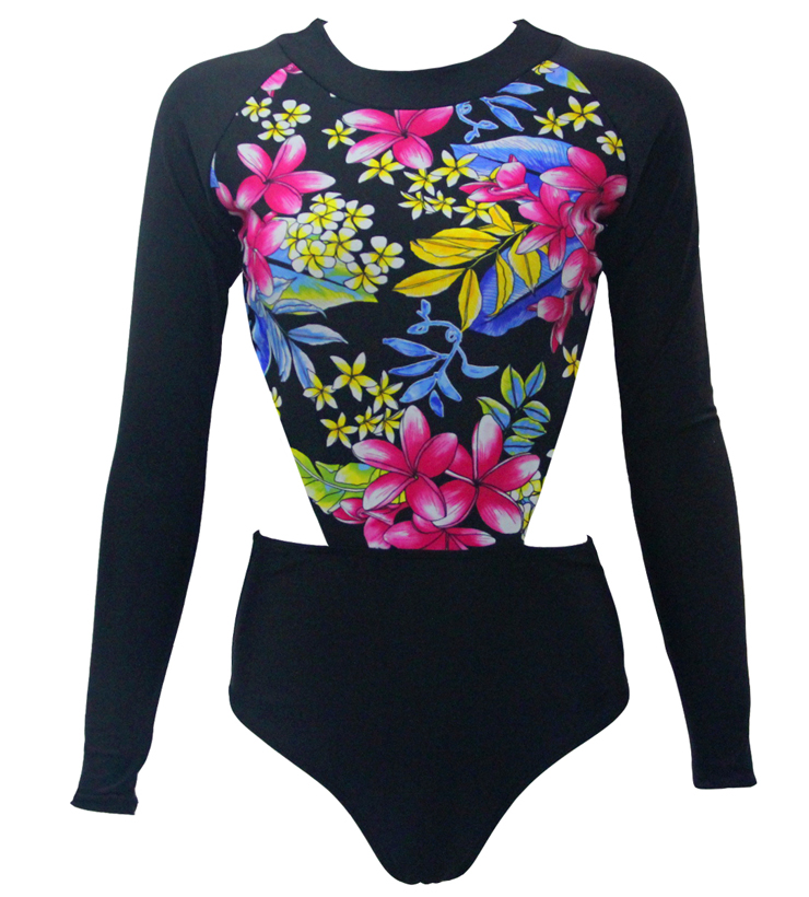 Sexy Colorful Floral Swimsuit, Cheap Floral Pattern Swimsuit, Long Sleeves Monokini, Hot Sale Beachwear, #BK10605