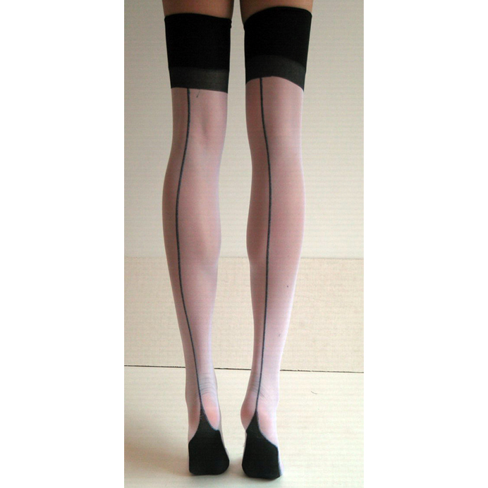 thumbnail image 2 of Cherrita Spandex Polka Dot Sheer Thigh High Stockings, Nude/Black, Cuban Heel Back Seam 2 of 6