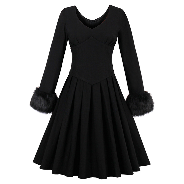 Women's Elegant Vintage Black V Neck Long Sleeve High Waist A-Line Swing Dress N14576