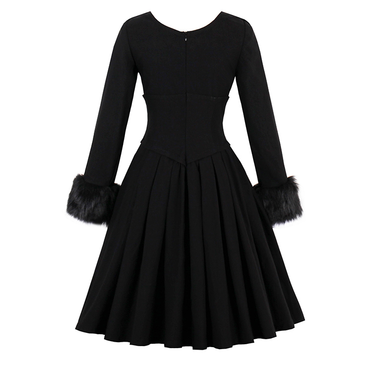 Long Length Sleeve Vintage Dresses, Vintage Black Dress for Women, Fashion Dresses for Women Cocktail Party, Casual Swing Dress, V Neck Swing Dress, Winter Vintage Dress, #N14576