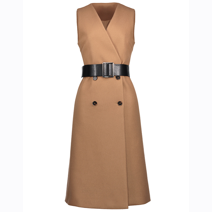 Women's Fashion Sleeveless V Neck DoubleBreasted Overcoat with Belt N15662