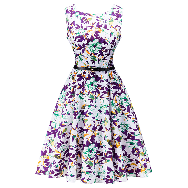 1950's Vintage Floral Print Sleeveless Cocktail Party Swing Dress with