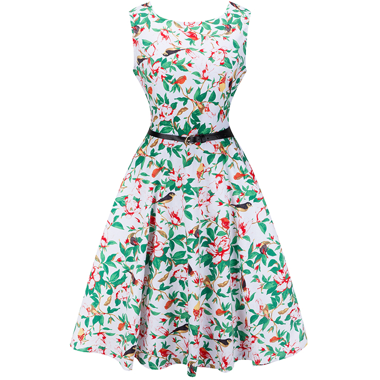 Vintage Floral Print Sleeveless Dress for Women