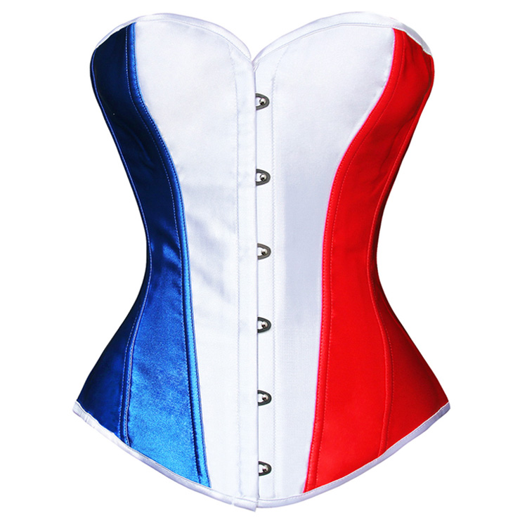 France Flag Overbust Corset, France Flag Pin Up Corset, Burlesque France Flag Corset, Sexy Strapless Overbust Corset, #N8075