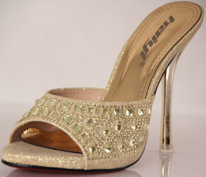High-heeled Mules, Rhinestone High-heeled Mules, Gold Stiletto Heel ...