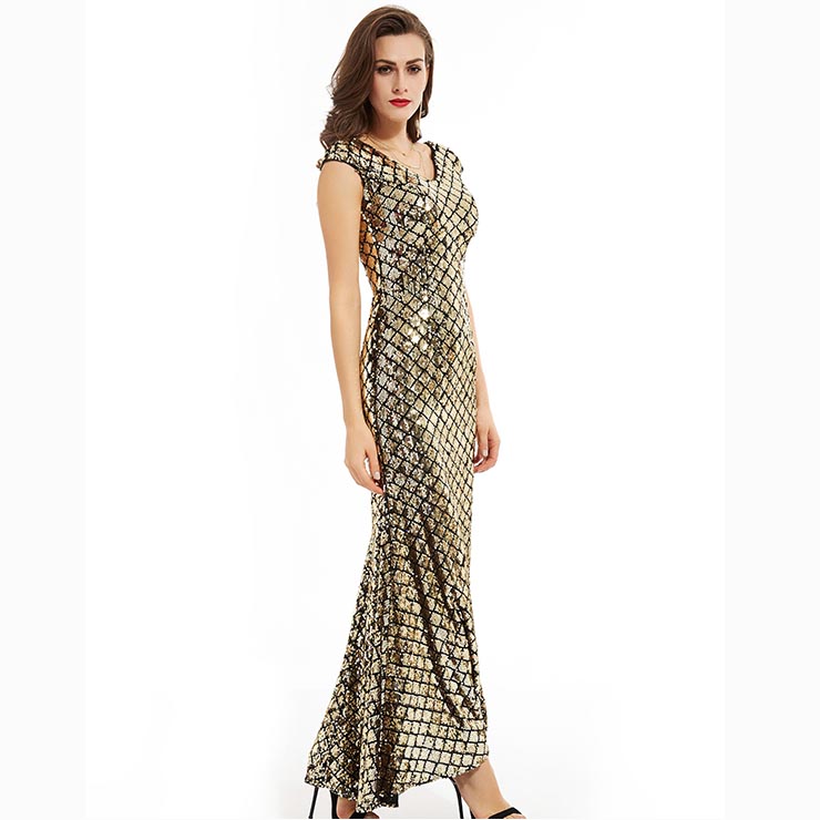 Pleated V-neck Cap Sleeve Ruffle Sheath Long Dress Silver