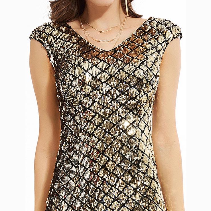 V Neck Sheath Column Gold Cap Sleeve Sequin Prom Dress