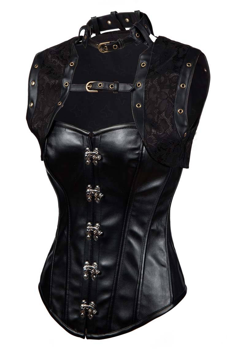 Steampunk Gothic Black Faux Leather Steel Boned High Neck Corset With 