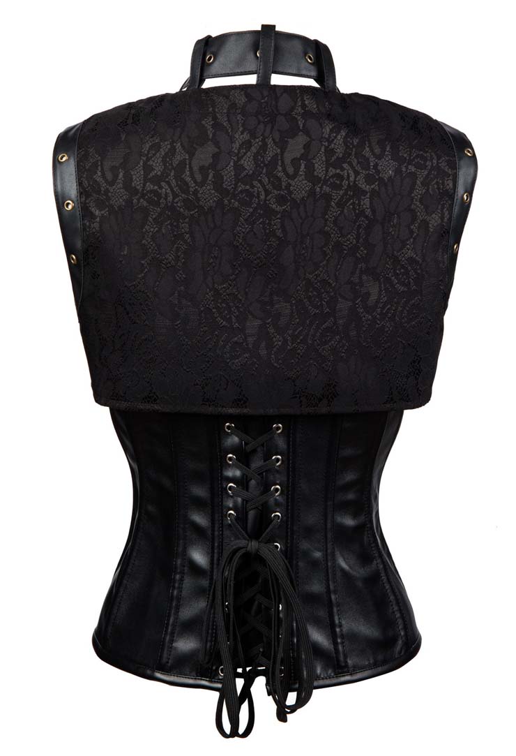 Steampunk Gothic Black Faux Leather Steel Boned High Neck Corset with