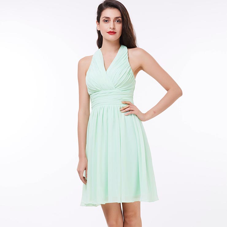 Women's Halter Draped Ruched KneeLength Chiffon Prom Bridesmaid Party