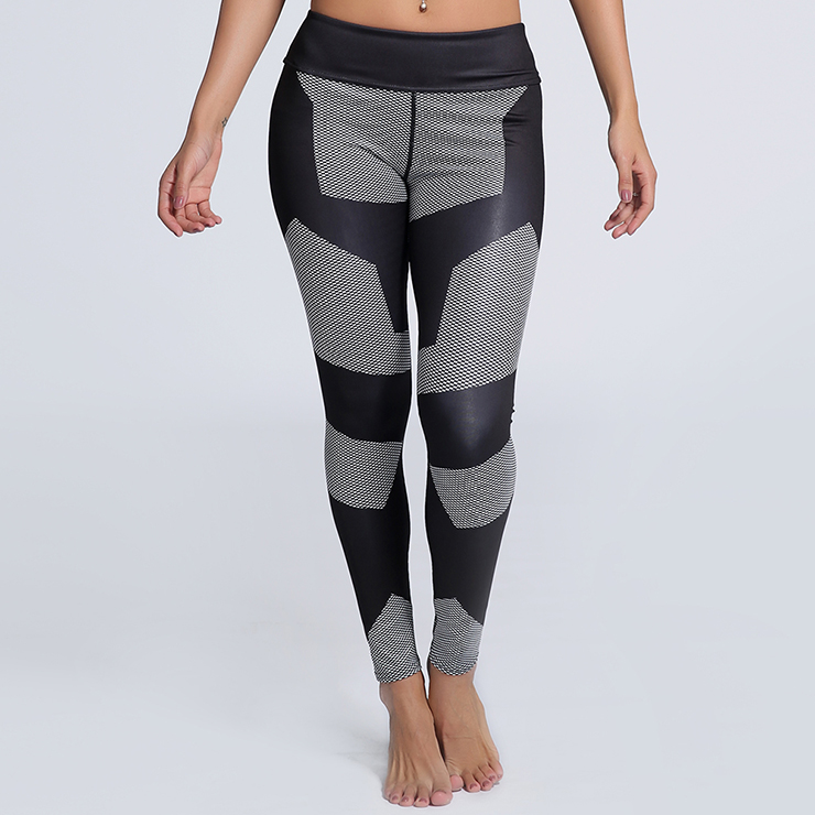 Women's High Waist Black Color Block Stretchy Sports Leggings Yoga Fitness Pants L16237