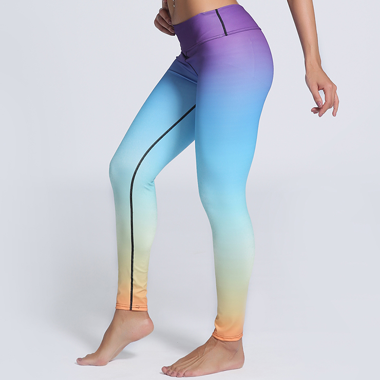 Classical Color Gradient Print Yoga Pants, High Waist Tight Yoga Pants, Fashion Color Gradient Print Fitness Pants, Casual Stretchy Sport Leggings, Women