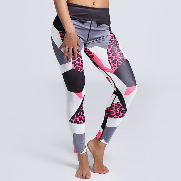 Women's High Waist Leopard Color Block Print Sports Leggings Yoga Fitness Pants L16187