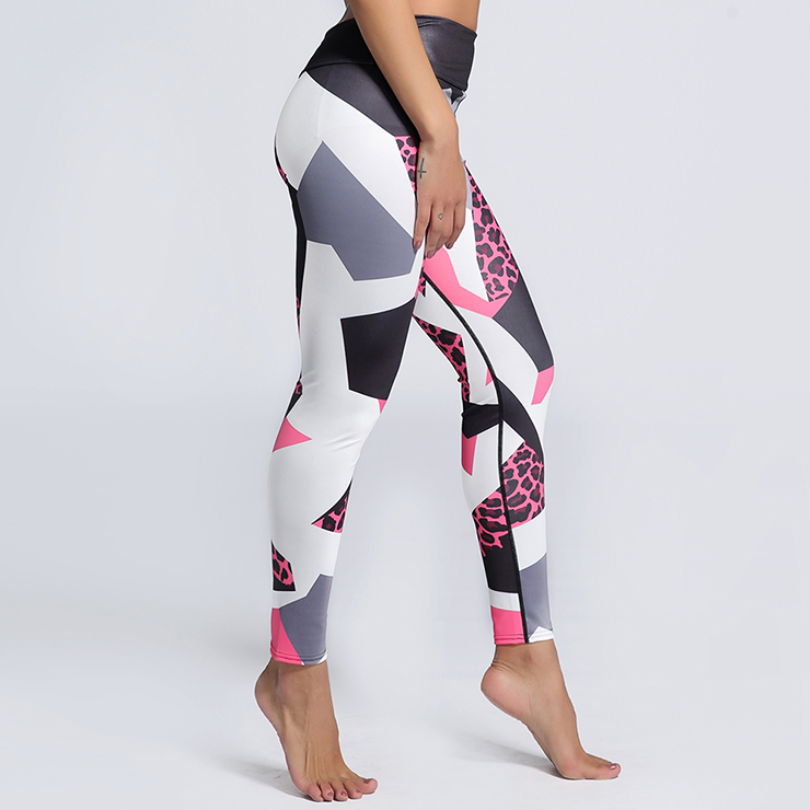 Classical Color Block Printed Yoga Pants, High Waist Tight Yoga Pants, Fashion Leopard Printed Fitness Pants, Casual Stretchy Sport Leggings, Women