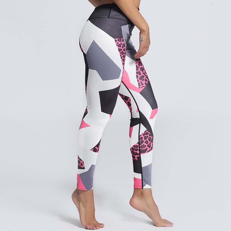 Classical Color Block Printed Yoga Pants, High Waist Tight Yoga Pants, Fashion Leopard Printed Fitness Pants, Casual Stretchy Sport Leggings, Women