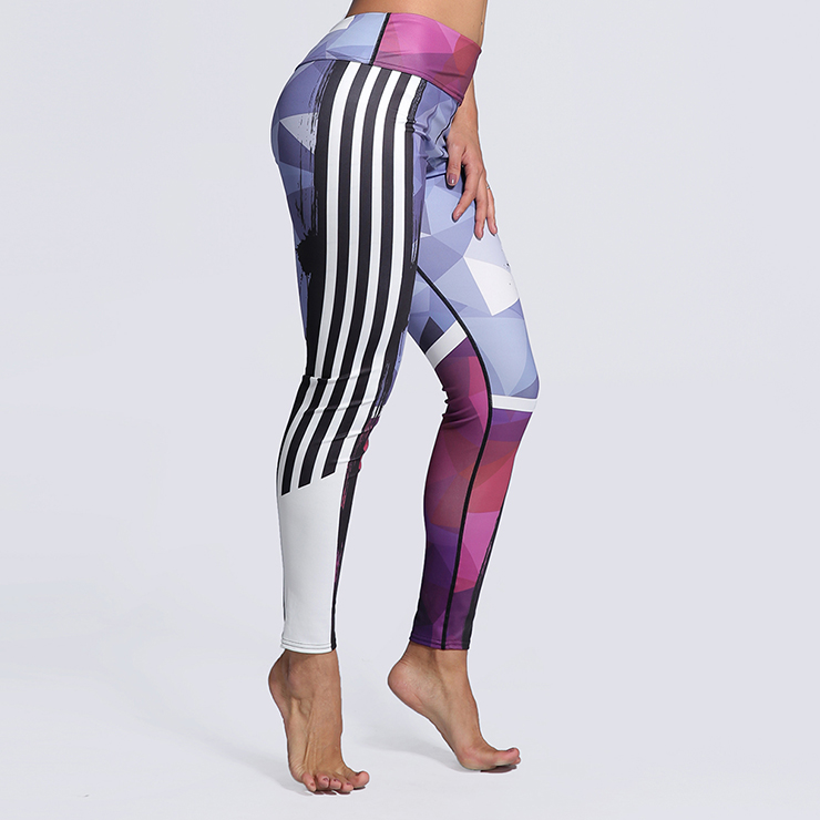 Classical Stripe Color Block Print Yoga Pants, High Waist Tight Yoga Pants, Fashion Color Block Print Fitness Pants, Casual Stretchy Sport Leggings, Women