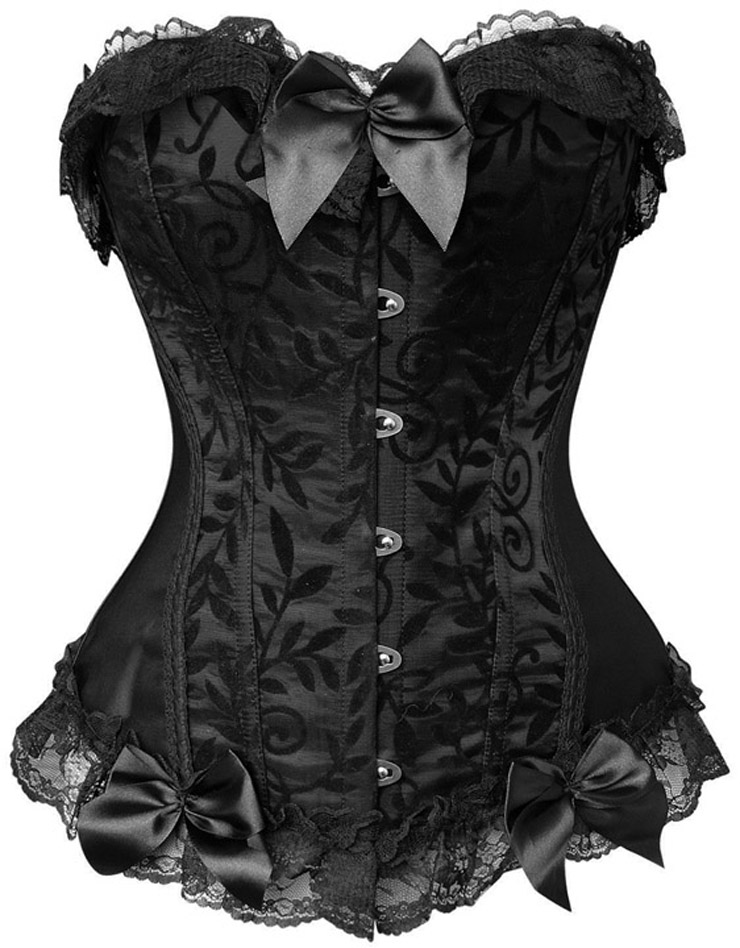 Leaves & Black Lace Trim Satin Corset N8388