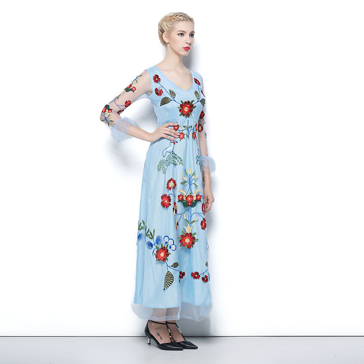 Vintage Charming Chiffon Embroidery Floral Evening Maxi Dresses N11530