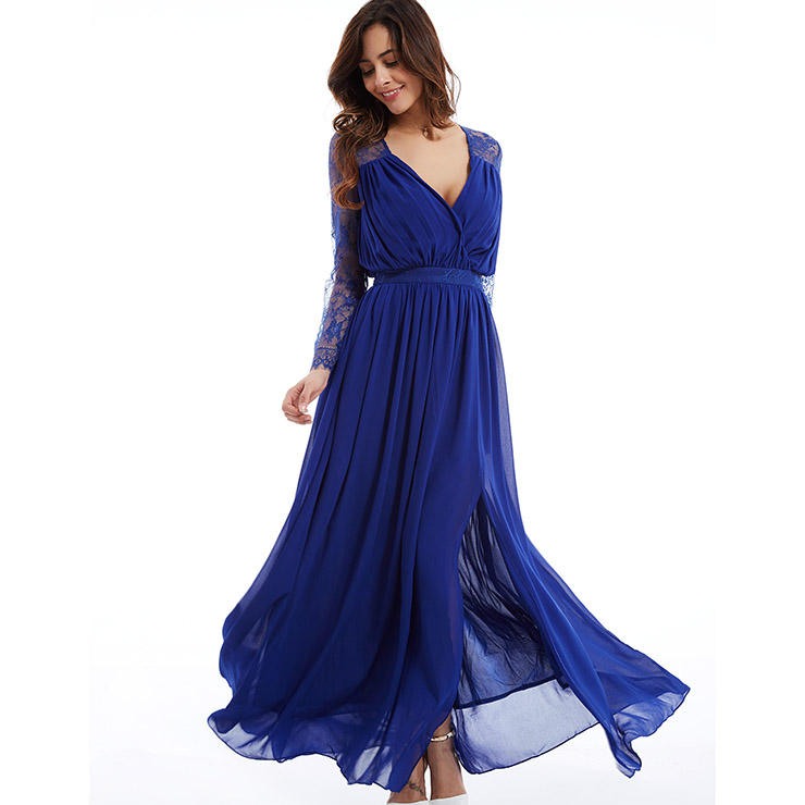 Women's Long Sleeve Deep V Neck Draped Slit ALine Maxi Prom Evening