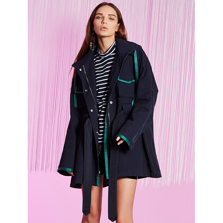 Women's DarkBlue Long Sleeve Front Button Zip Up Hooded Trench Coat N15724