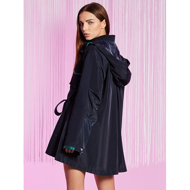 Women's DarkBlue Long Sleeve Front Button Zip Up Hooded Trench Coat N15724