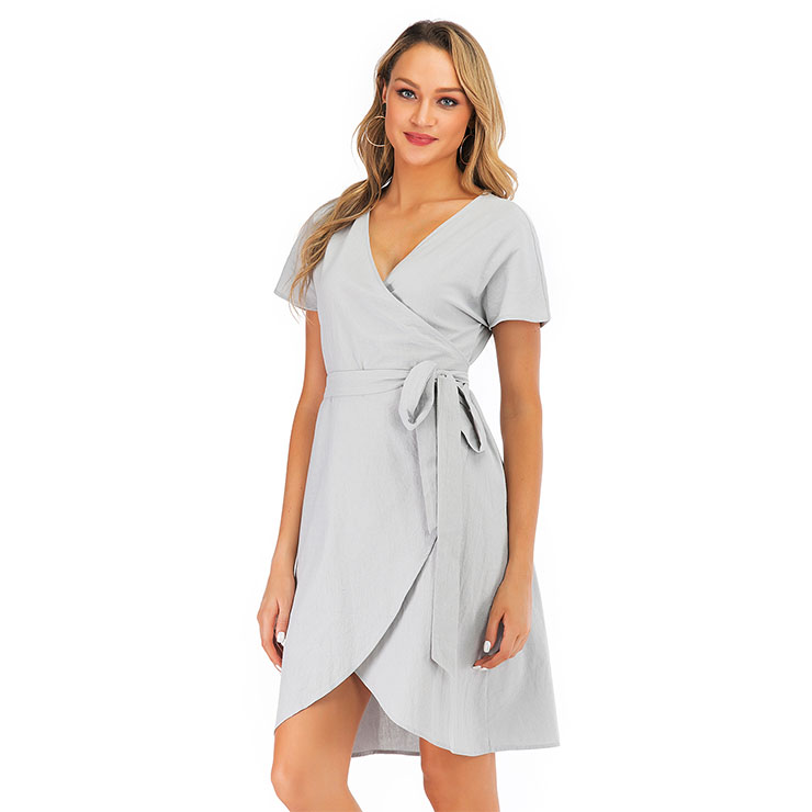 Fashion Casual Lowcut Open Wrap Skirt Short Sleeve Selftie Bowknot