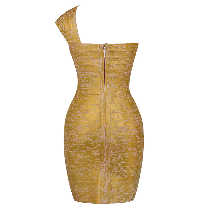 Women's Sexy Metallic Gold One Shoulder Bodycon Bandage Party Dress N15628