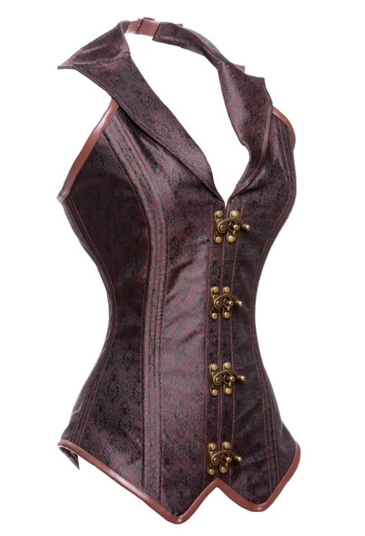 Fashion Noble Brown Halter Jacquard Steel Boned Outerwear Corset N10559