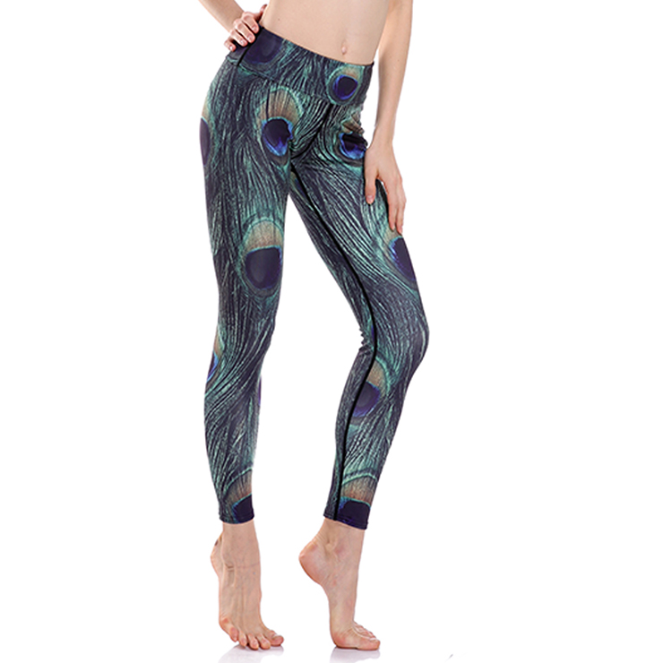 Women S High Waist Peacock Feather Print Stretchy Sports Leggings Yoga