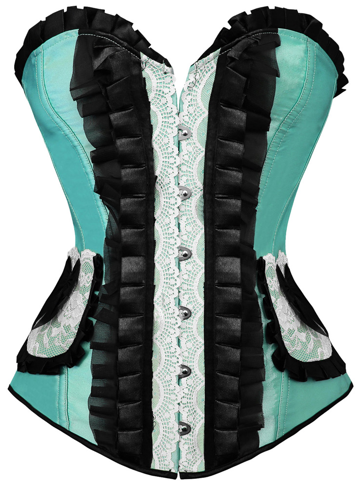 Pleated Lace Trimming Corset, Pleated Lace Corset Green, Corset Green, #N4674