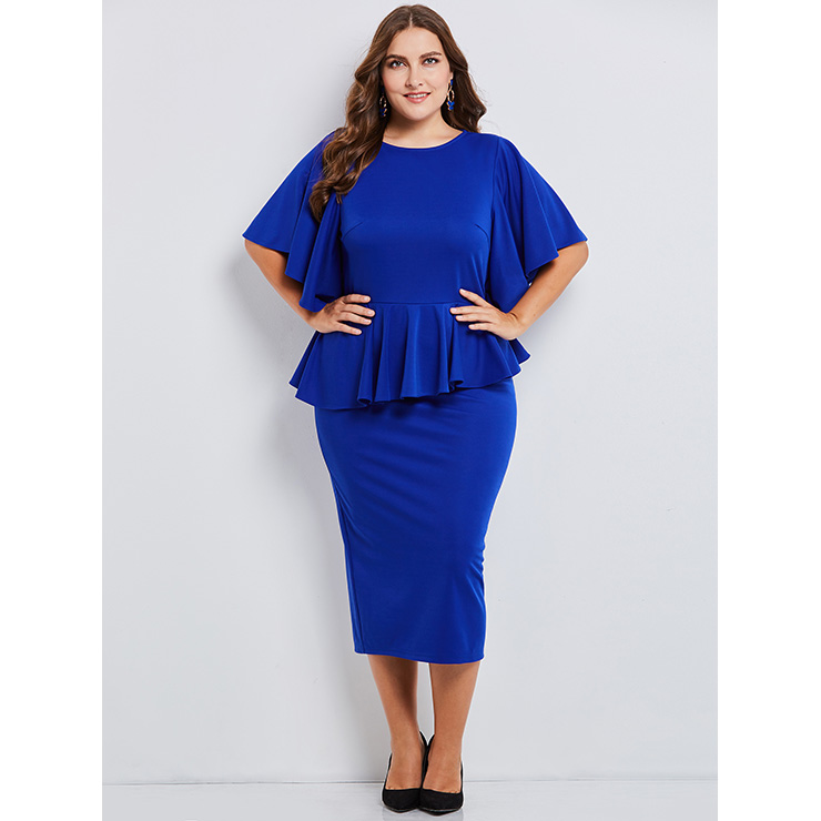 Women's Plus Size Royalblue Round Neck Flare Sleeve Bodycon Dress N15539